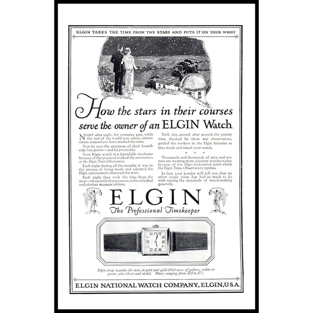 1924 Elgin National Watch Company Vintage Print Ad Stars Observatory Wall Art